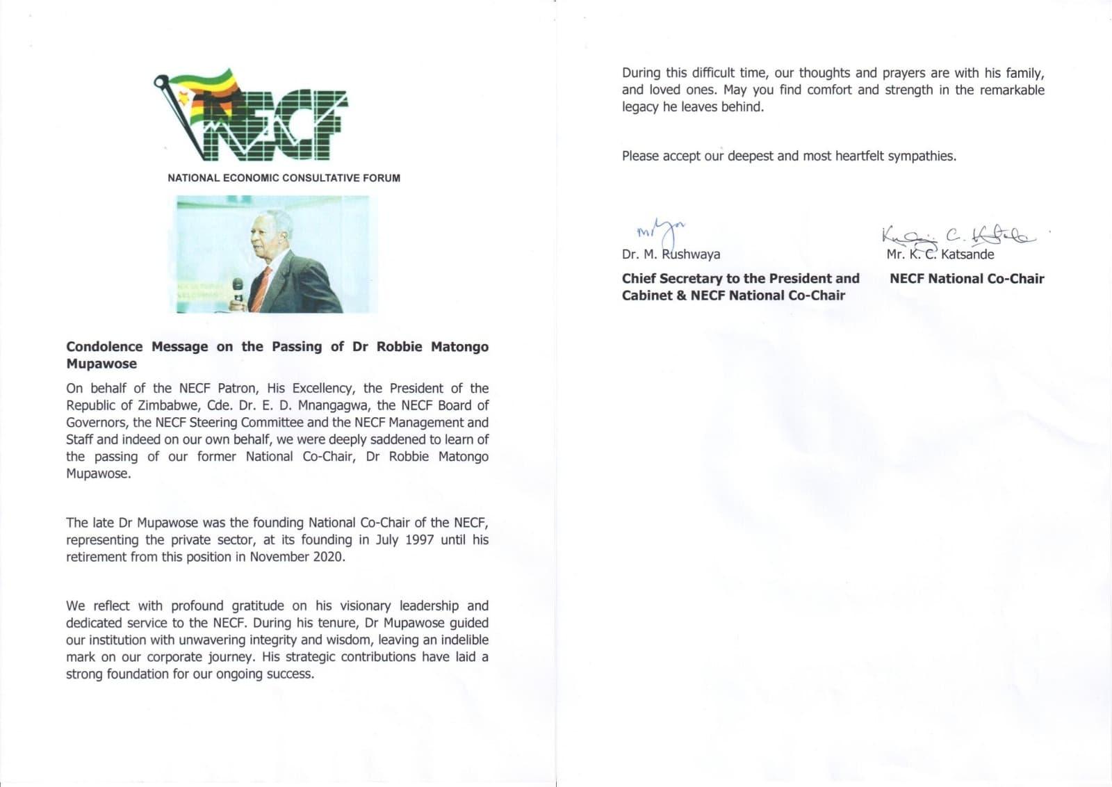 NECF Condolence Message for Dr Robbie Matongo Mupawose